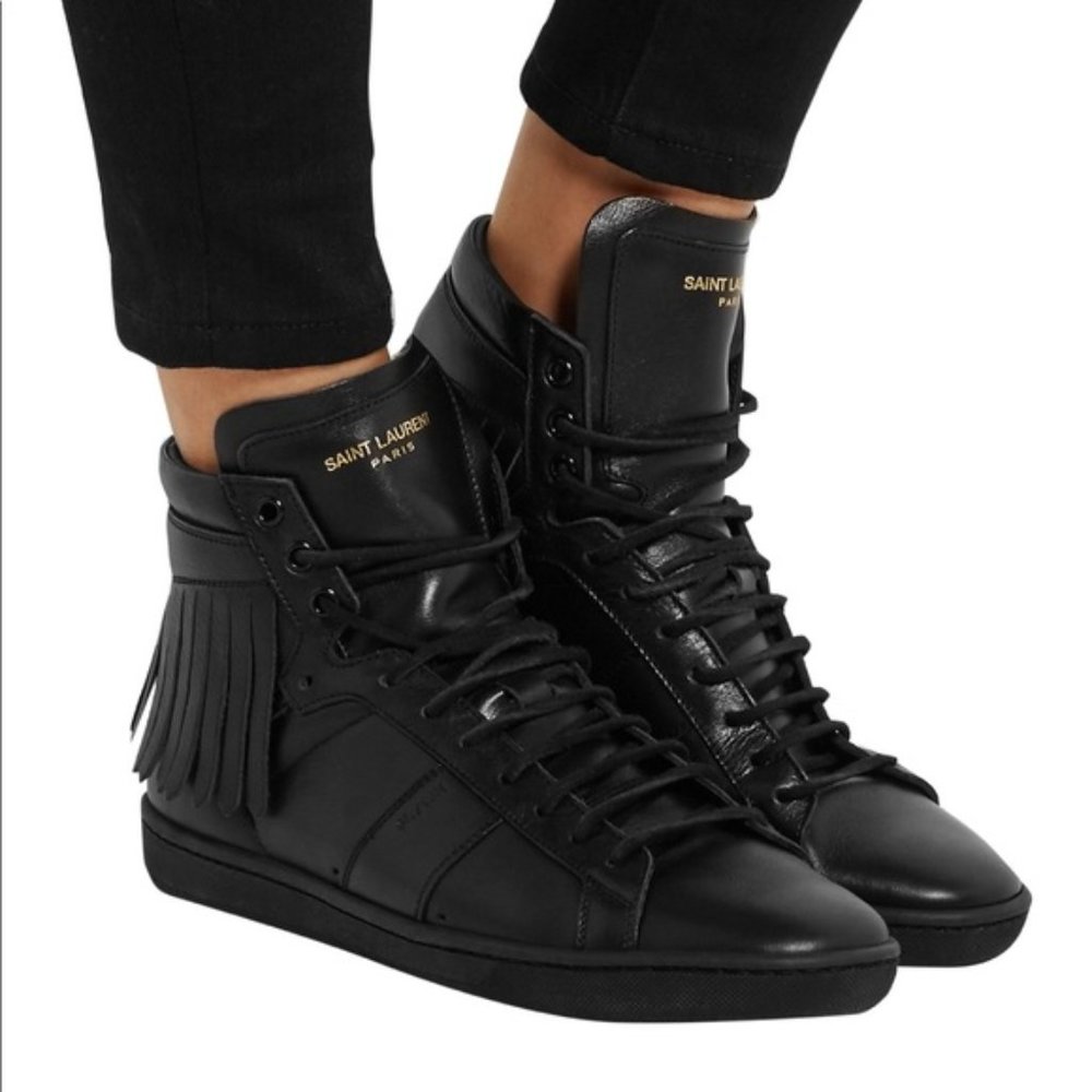 $895 YSL 45/US 12 Fringed Black Leather High Top Sneaker Saint Laurent Lace Up